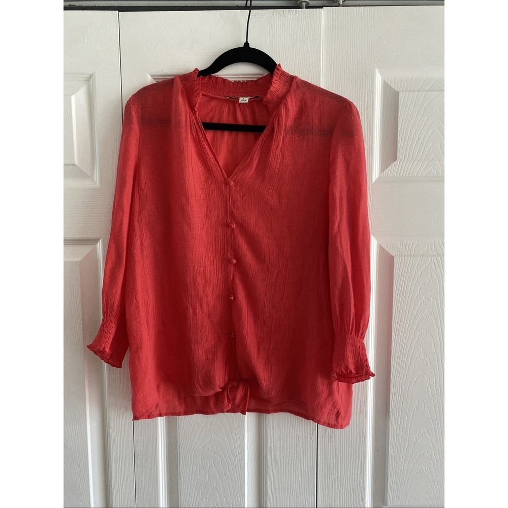 Zac & Rachel Smocked Tie Front‎ Blouse Womens Size L Coral Red Rayon Gauze Top